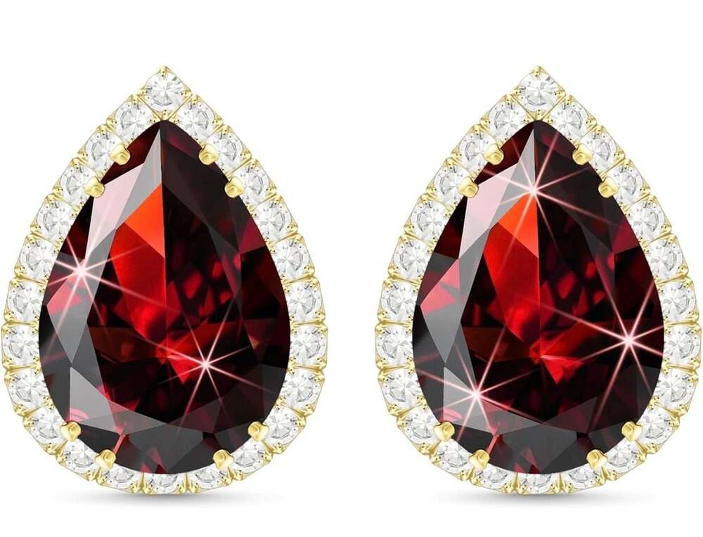Linawe 14K Gold Plated Red Teardrop Stud Earrings with Cubic Zirconia Halo